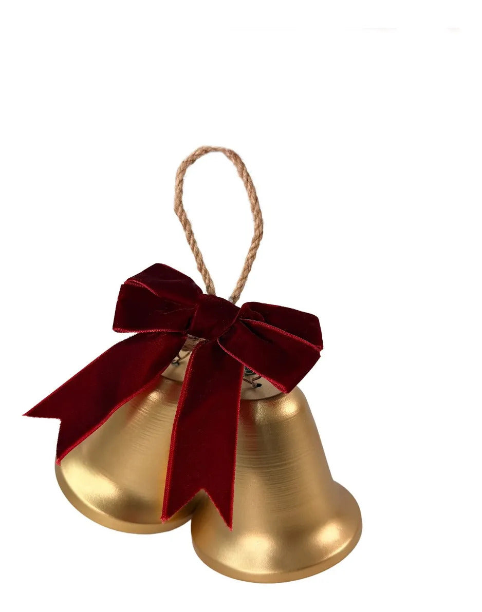 Campanas Navideñas Lluvia Doradas Con Moño Rojo Vino 8 Cm