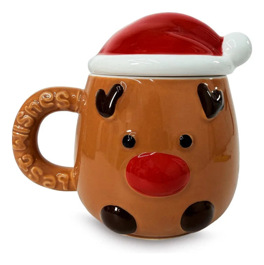 Taza Navideña Lluvia Lights Reno Nariz Roja con Tapa 380 ml