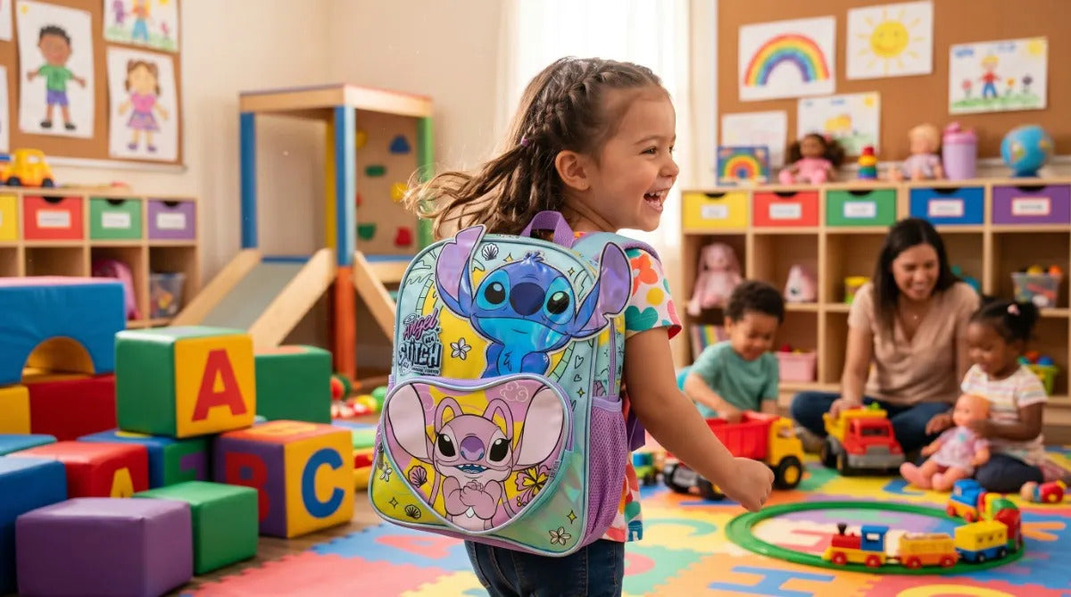 Mochila Kinder Ruz Stitch Y Angel Diseño Tropical Pastel