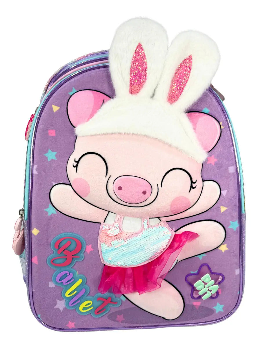 Mochila Primaria Marca Lluvia Cerdita Bailarina Spiner Violeta Estampado