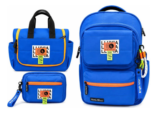 Set Mochila Juvenil Tres Piezas Lluvia Azul Eléctrico
