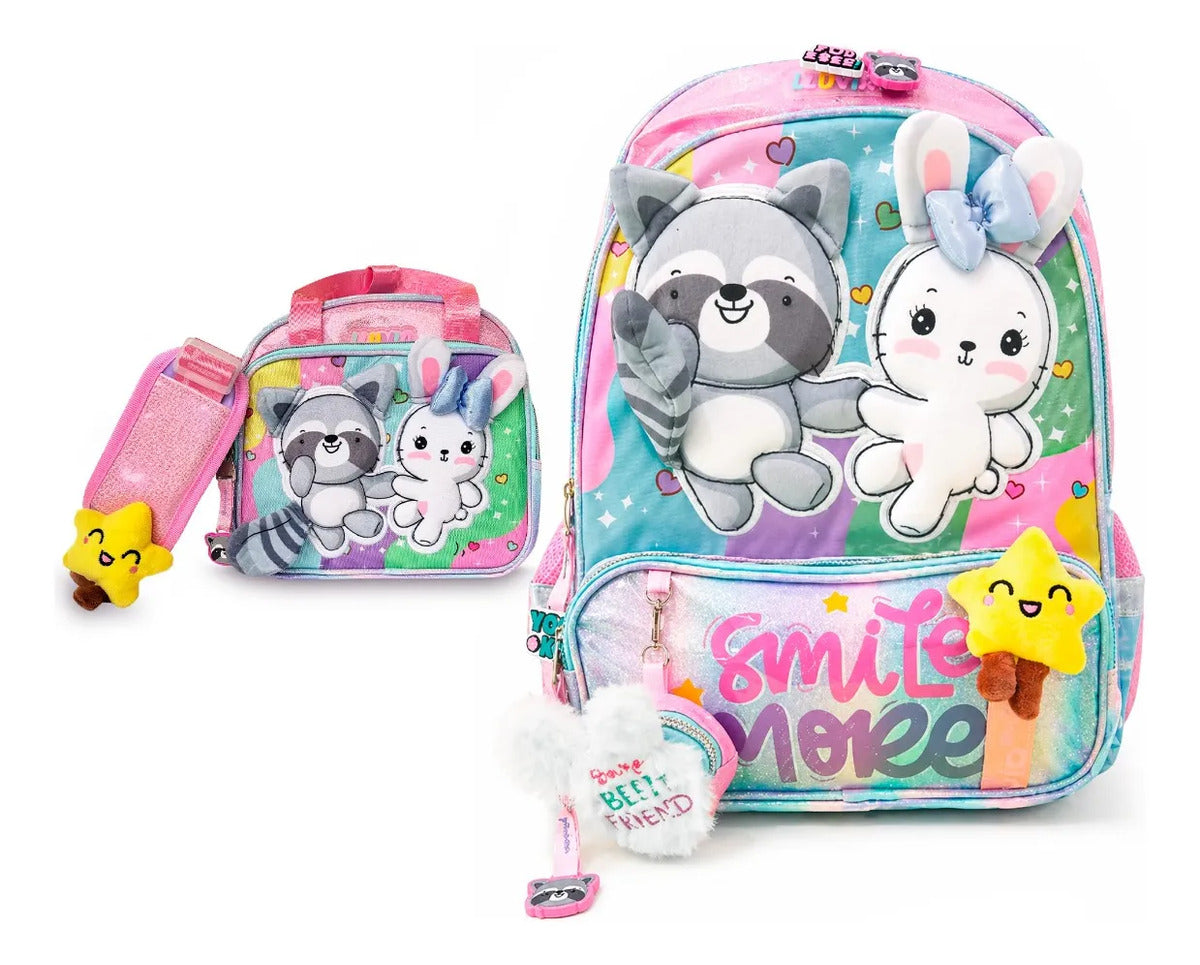 Set Escolar Lluvia Multicolor Mapache y Conejita Dos Piezas