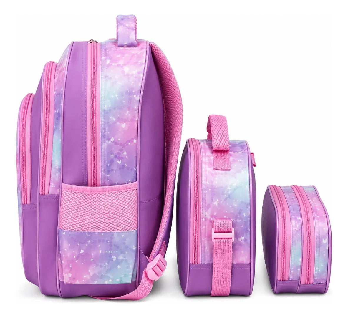 Set Escolar Unicornio Mágico Rosa Lila Mochila Tres Piezas