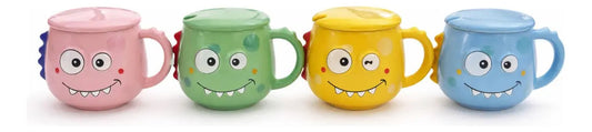 Taza Colorida Kawaii Monstruos Con Tapa Incluida 400 Ml