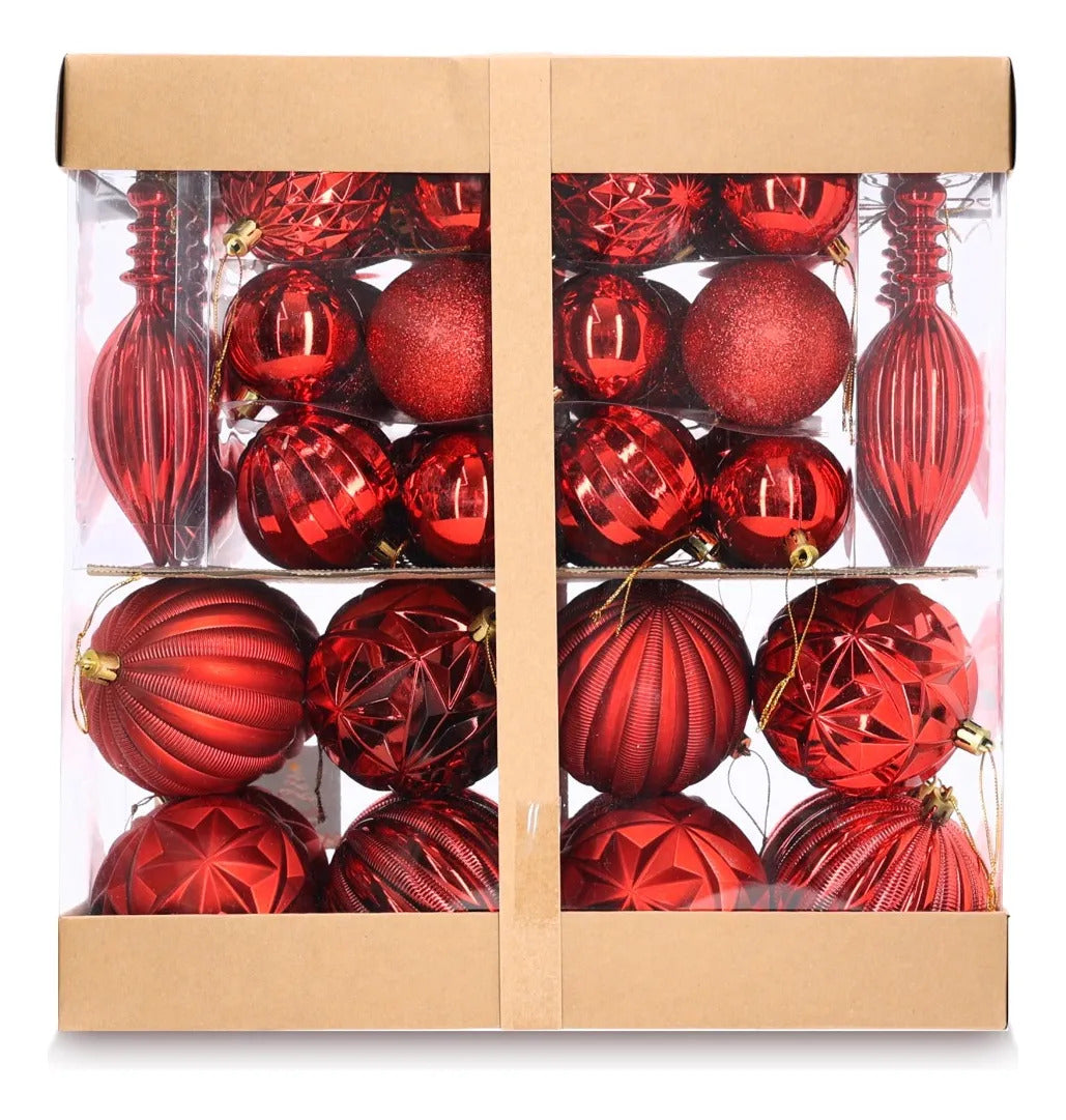 Set Esferas Navideñas lluvia Rojo Rubí 58 Piezas Variadas