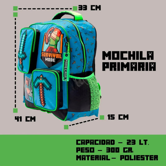 Mochila Primaria Infantil Ruz Microsoft Minecraft Steve 20L Azul Liso Tirantes Acolchados