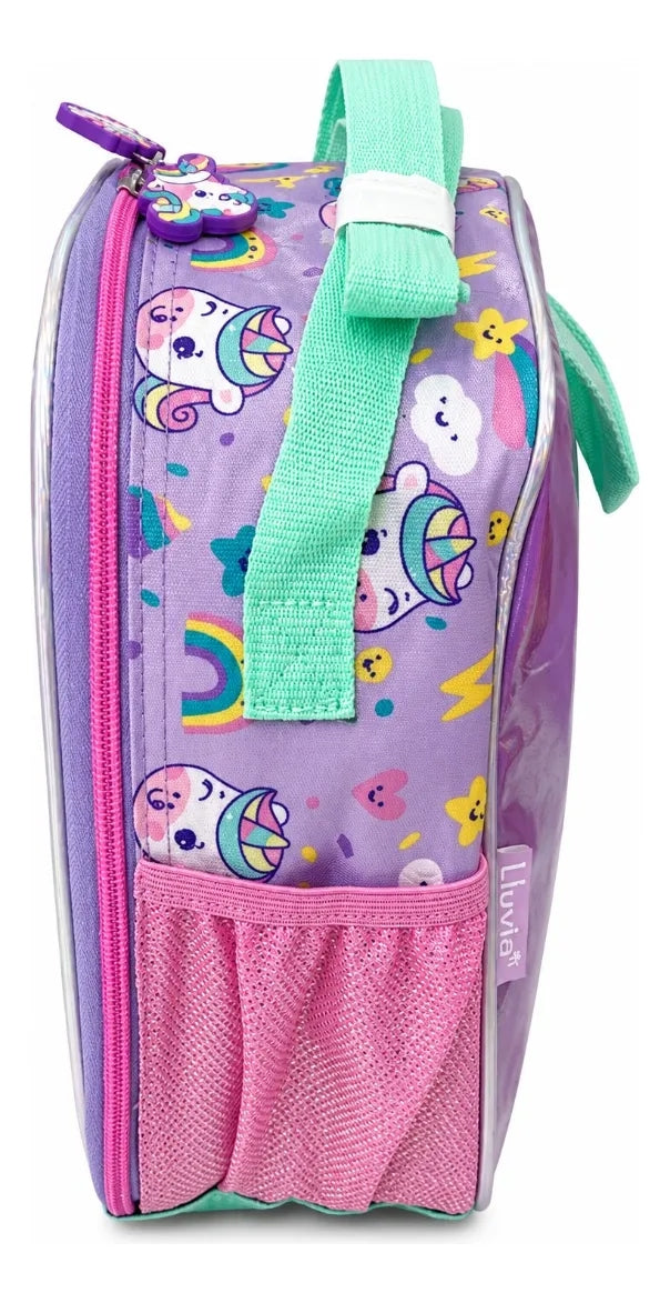 Set Tres Piezas Lluvia Unicornio Lila Con Lonchera Lapicera