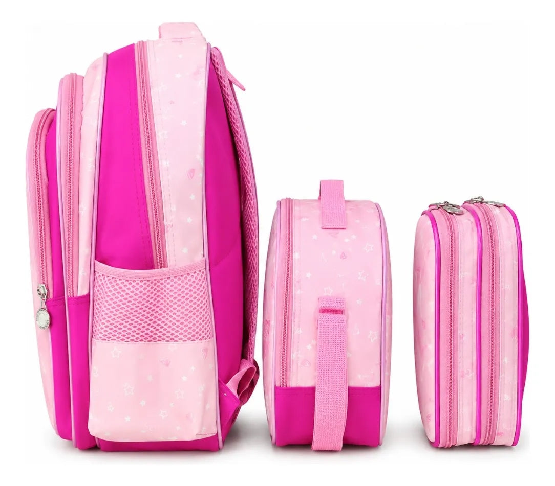 Set Escolar Tres Piezas Mochila Estrella Kawaii Rosa