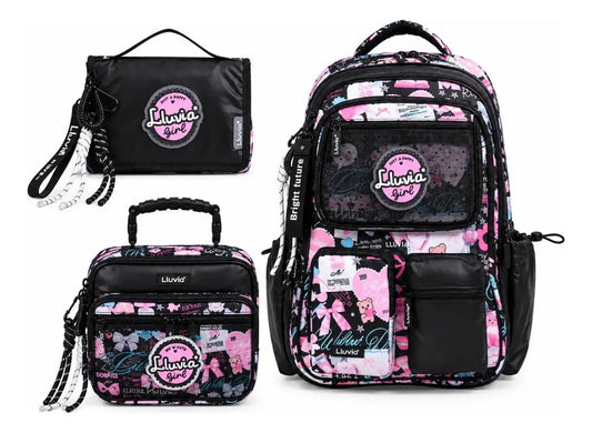 Set Mochila Tres Piezas Lluvia Girl Con Bolsillo Antirrobo
