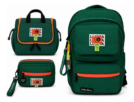 Set Escolar Tres Piezas Lluvia Verde Esmeralda Con Naranja