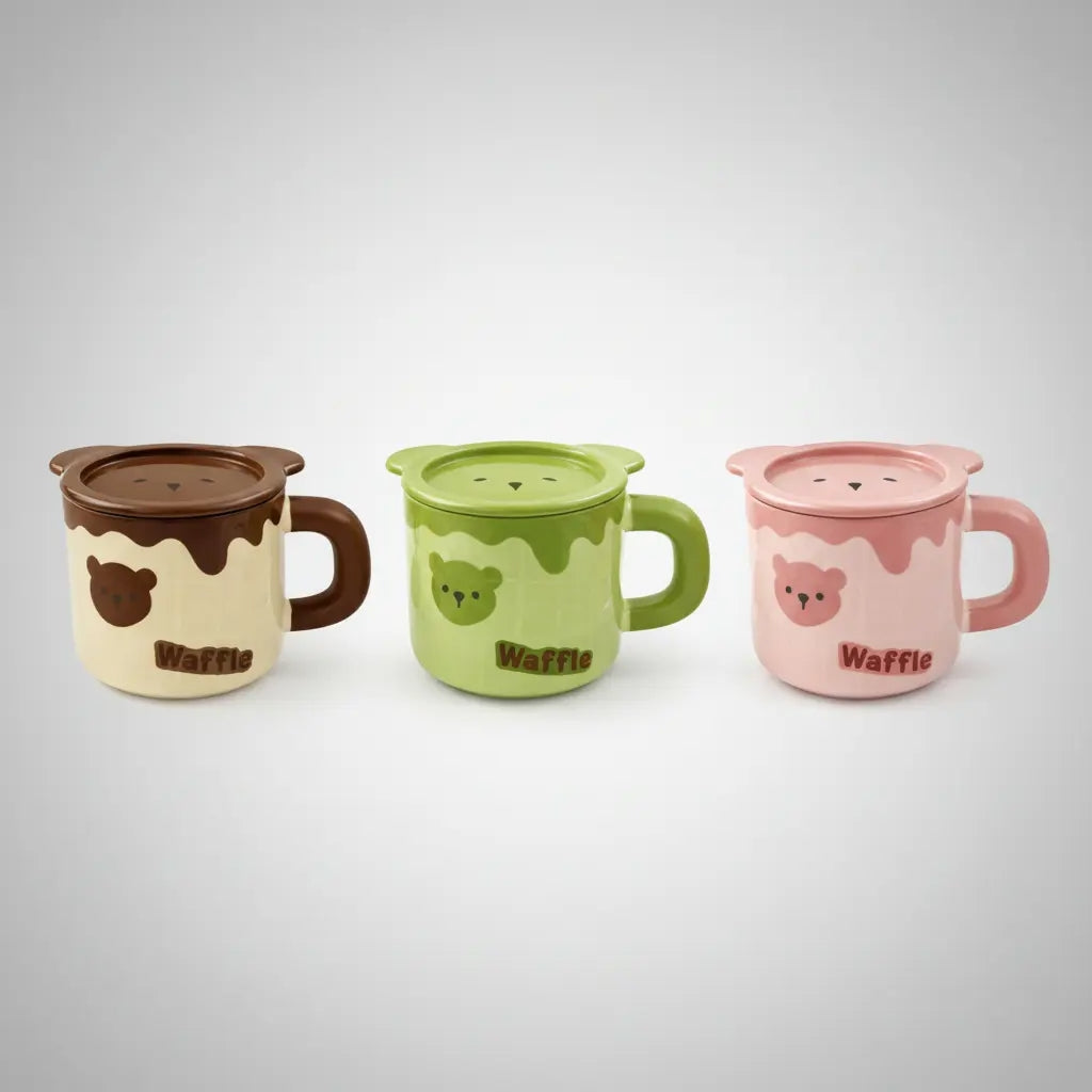 Taza Waffle De Oso Con Tapa Y Cuchara 500 Ml