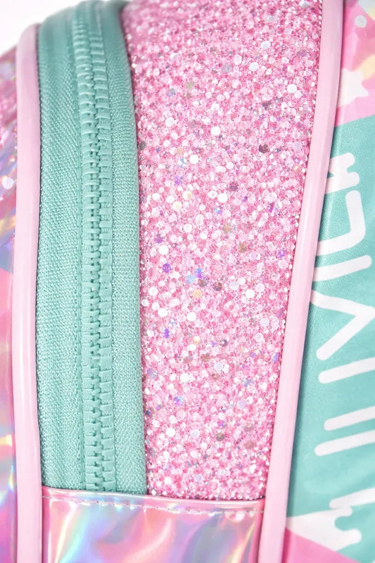 Mochila Escolar Lluvia Rosa Tornasol Con Compartimento Y Bolsillo Botella Liso