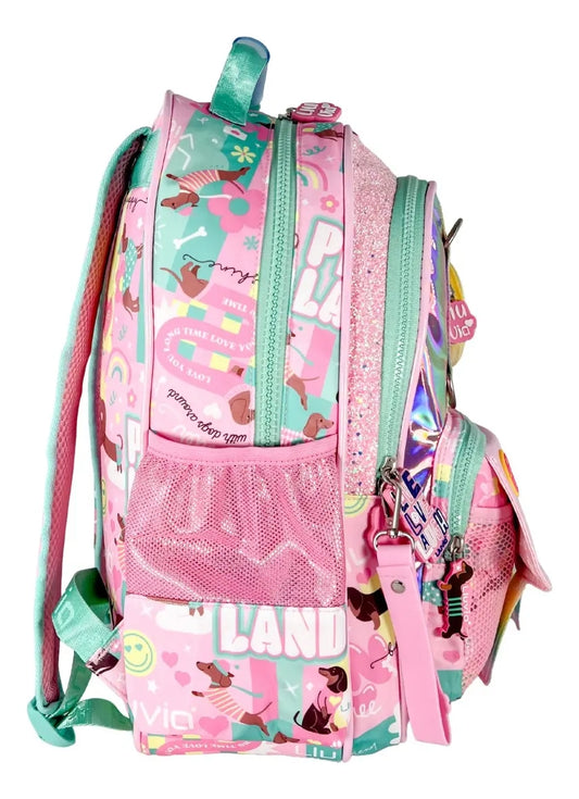 Mochila Escolar Lluvia Rosa Tornasol Con Compartimento Y Bolsillo Botella Liso