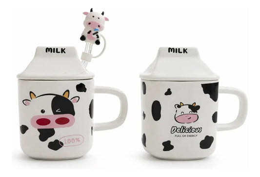 Taza Figura Caja De Leche Con Vaca Con Tapa Y Popote 330ml