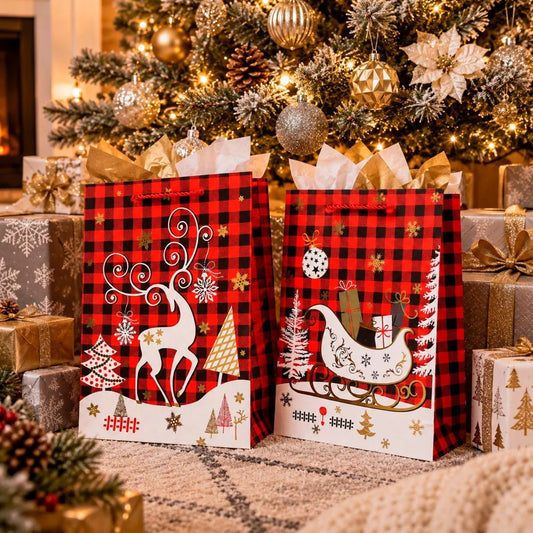 Bolsas de Regalo Navideñas Lluvia Cuadros Rojos 12 Pzas