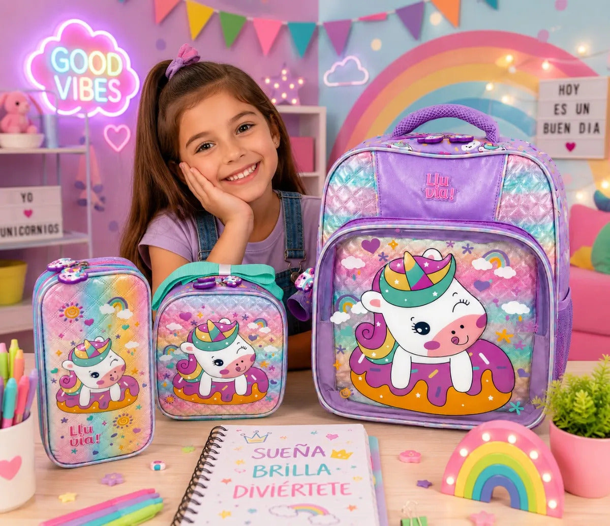 Set Tres Piezas Lluvia Unicornio Lila Con Lonchera Lapicera