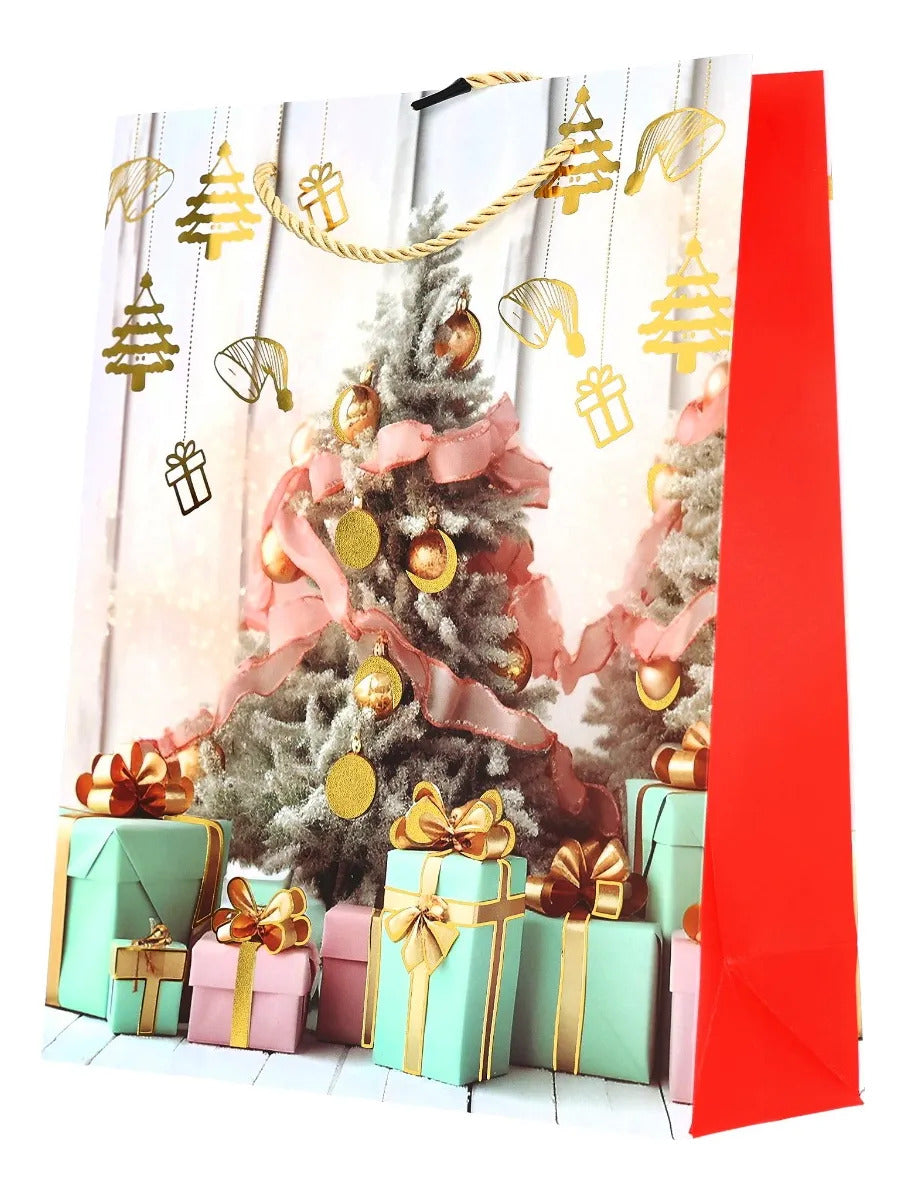 Bolsas de Regalo Navideñas Lluvia Tonos Cálidos 12 Pzas 32cm