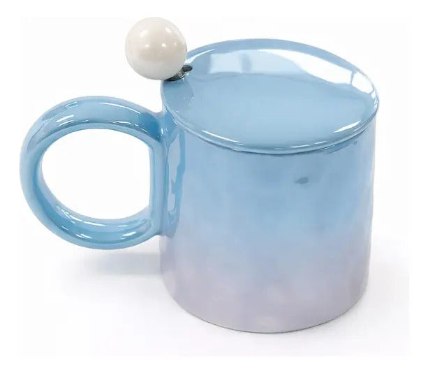 Taza Tornasol De Cerámica Con Tapa Y Cuchara Metalica 380 Ml