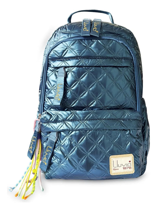 Mochila Juvenil Lluvia Verde Turquesa Diseño Puff Rombos