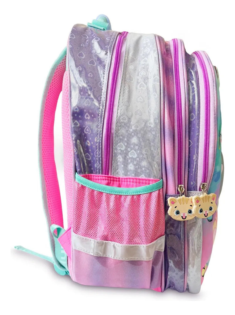 Mochila Escolar Lluvia Multicolor Gatitos con Spinner