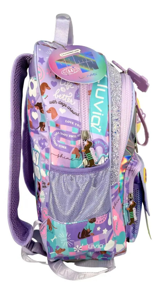 Mochila Escolar Lluvia Violeta Tornasol 20l Con Monedero Carita Geométrico