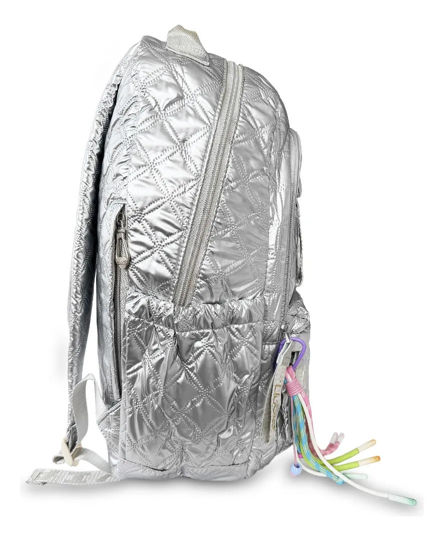 Mochila Juvenil Lluvia Plata Diseño Acolchado de Rombos