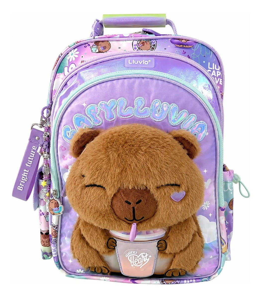 Mochila Escolar Lluvia Capibara Lila Con Bolsillos Laterales