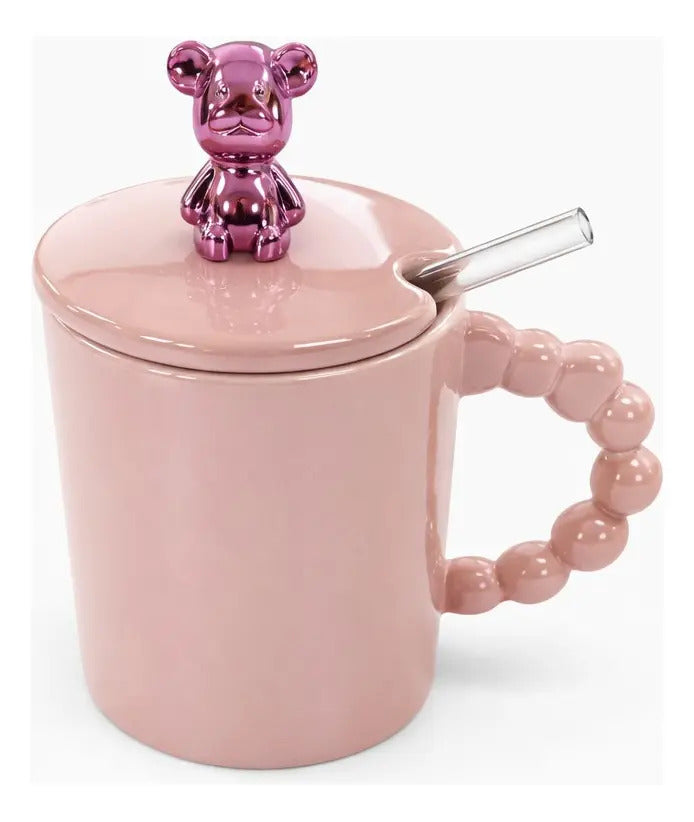 Taza Porcelana Con Oso Metalico Y Tapa 420 Ml