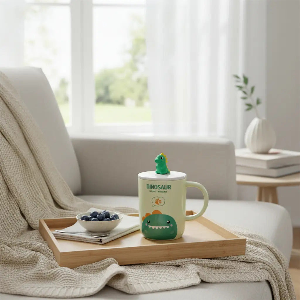 Taza Con Tapa Decorativa De Animales 380ml Marca Lluvia