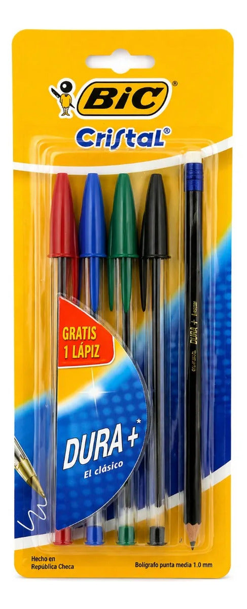 Plumas Bic Cristal Dura Mas Colores Básicos Con Lápiz Hb