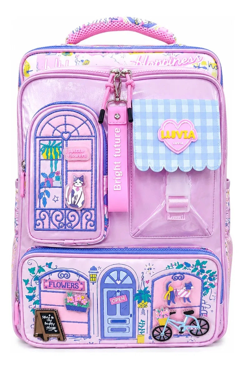 Mochila Escolar Lluvia Rosa Personalizable Con Gatito
