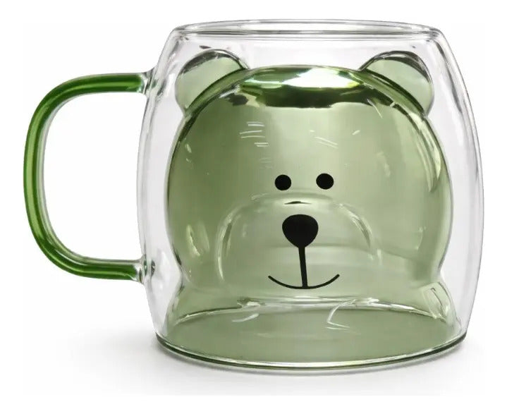 Taza De Vidrio Con Diseño De Osito Verde Doble Pared 280 Ml