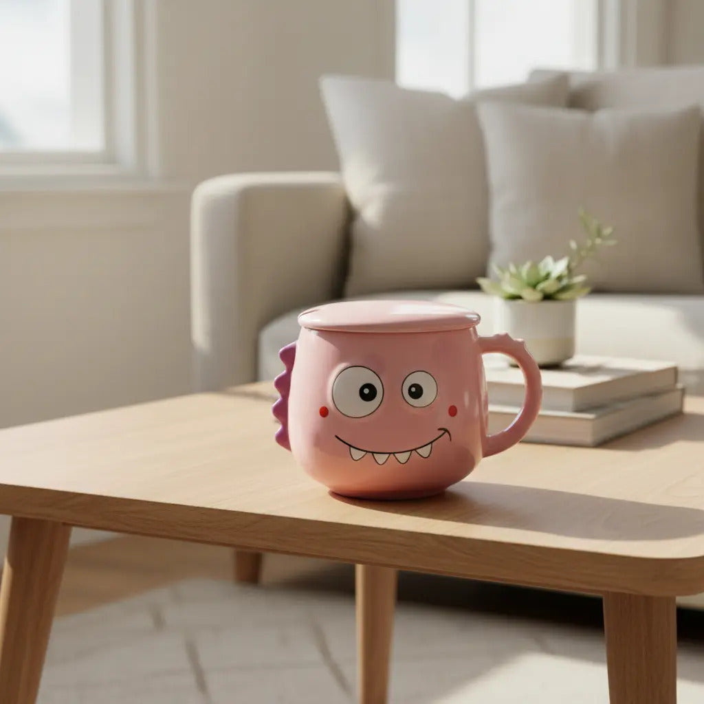 Taza Colorida Kawaii Monstruos Con Tapa Incluida 400 Ml
