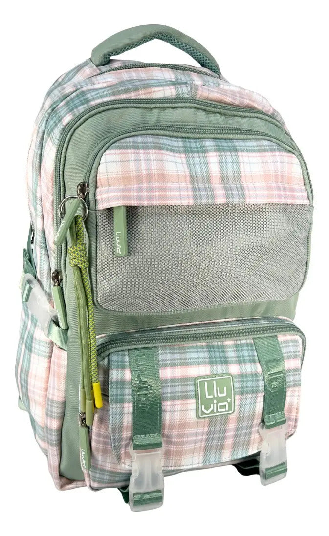 Mochila Juvenil Marca Lluvia Cuadros Verde Rosa