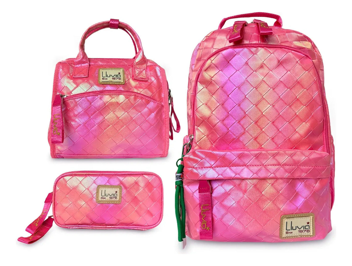 Set Juvenil Lluvia Fucsia Tornasol Diseño Rombos Tres Piezas