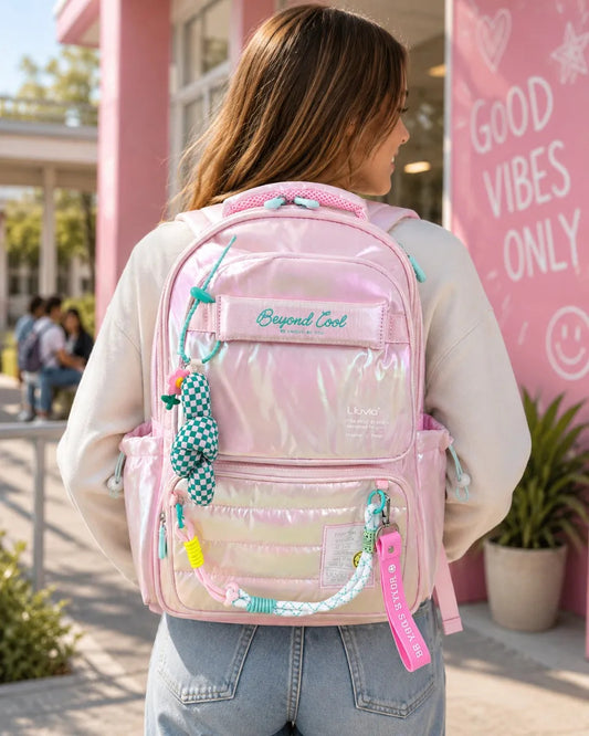 Mochila Escolar Lluvia Rosa Tornasol Con Llavero Incluido