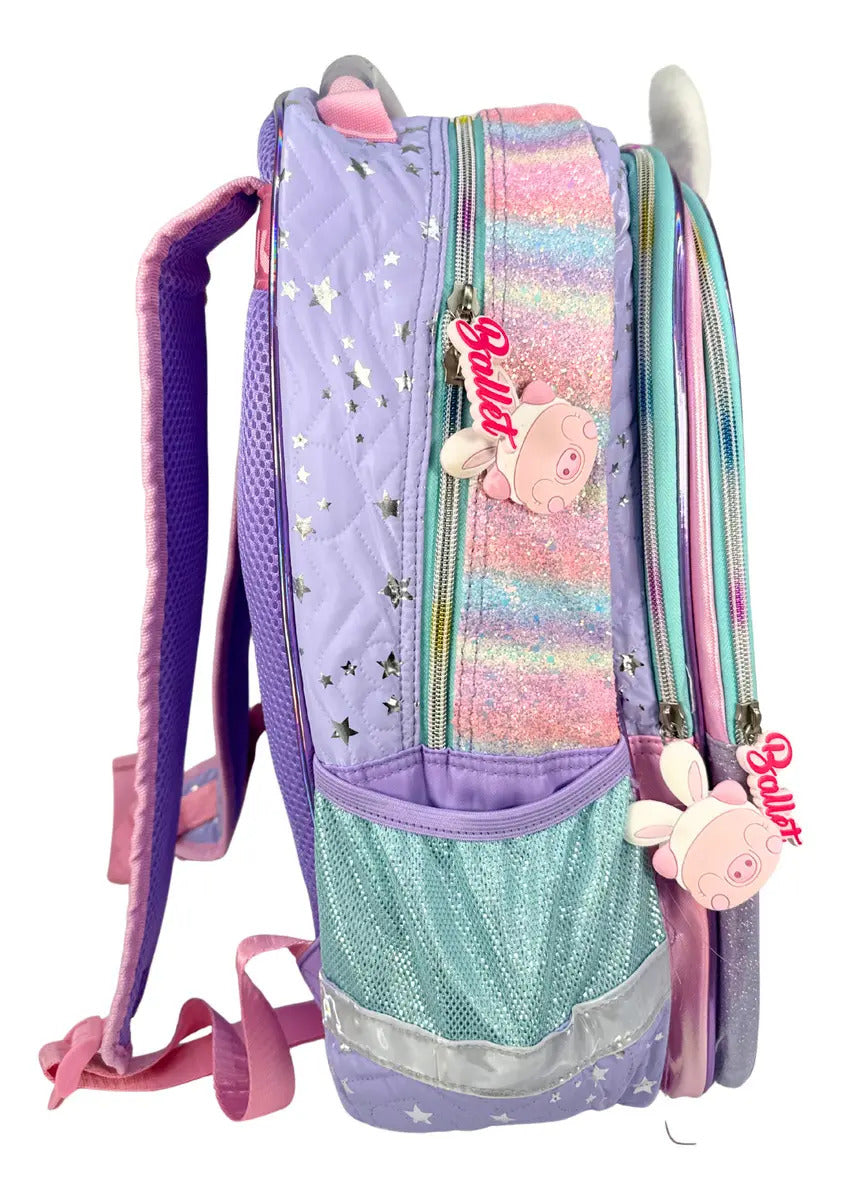 Mochila Primaria Marca Lluvia Cerdita Bailarina Spiner Violeta Estampado