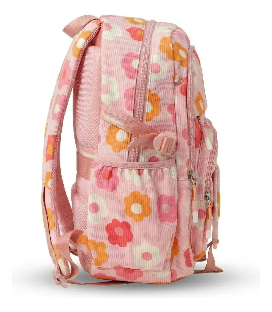 Mochila Juvenil Lluvia Rosa Con Flores Con 6 Cierres