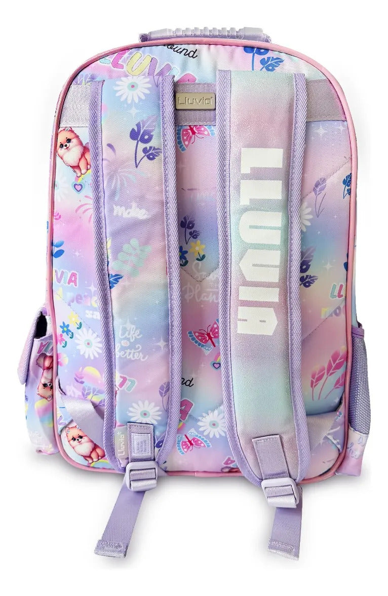 Mochila Escolar Lluvia Rosa Tornasol Perrita Pomerania