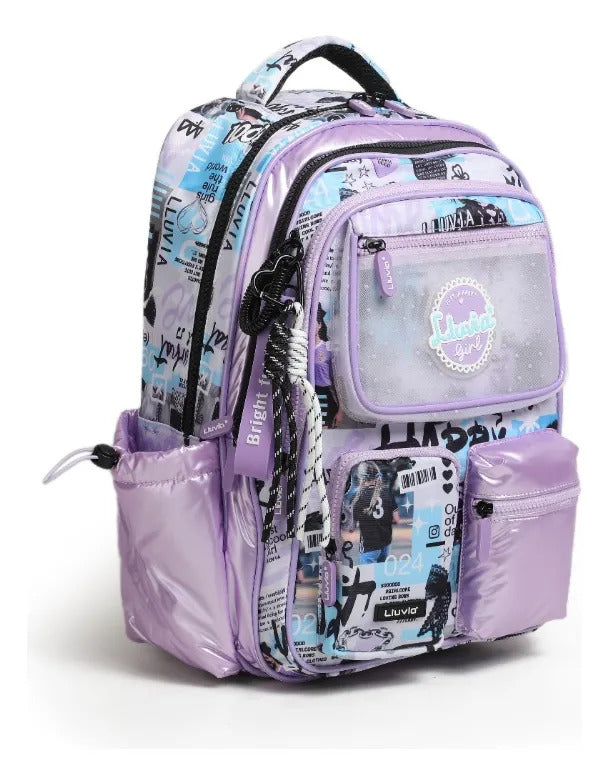 Mochila Escolar Juvenil Lila Lluvia Estilo Kawaii Collage