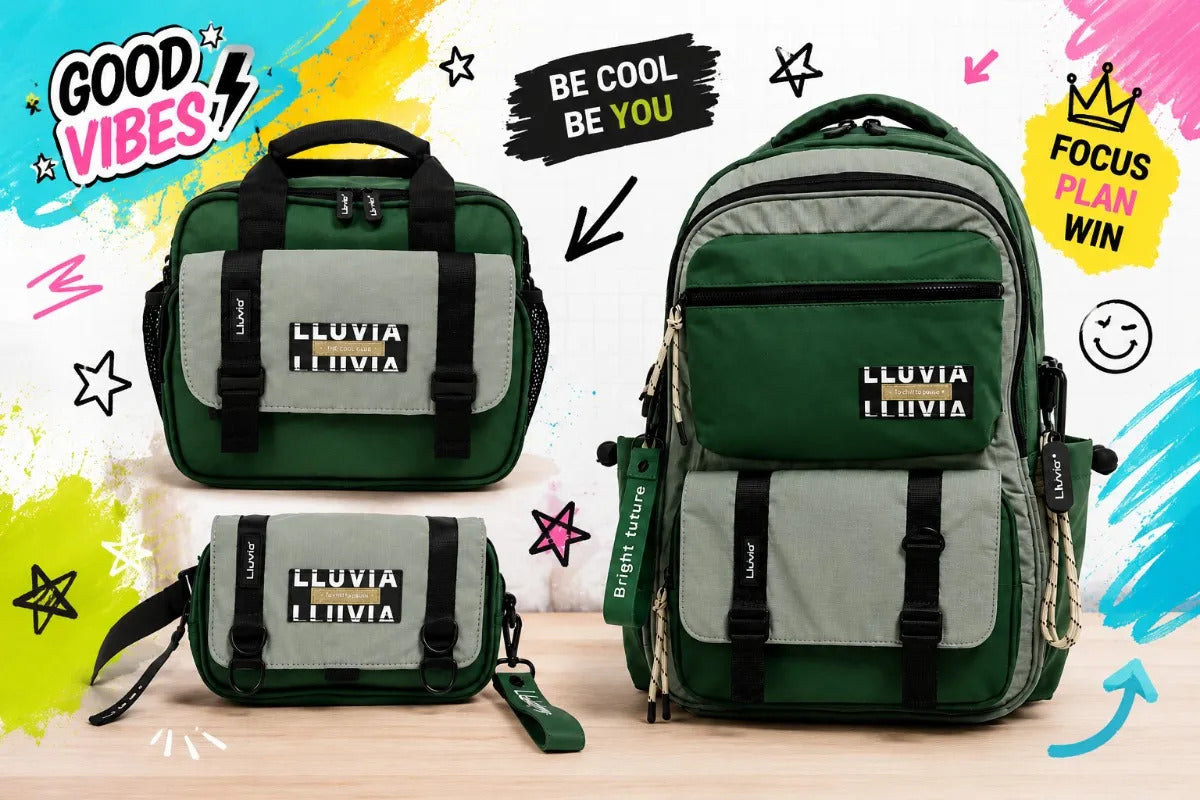 Set Mochila Lluvia Verde Olivo Con Lonchera Y Lapicera
