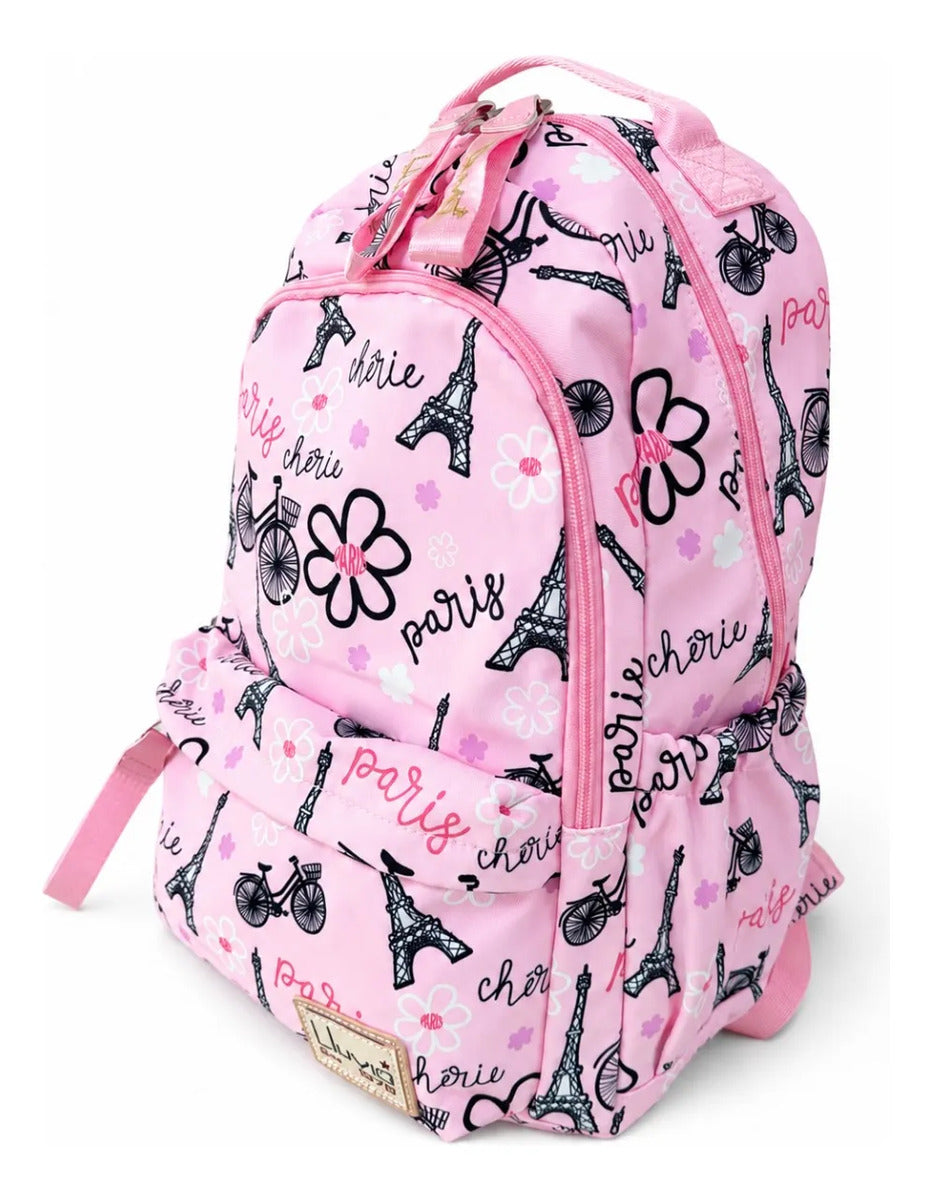 Mochila Escolar Lluvia Rosa Diseño Torre Eiffel Y Bicicletas