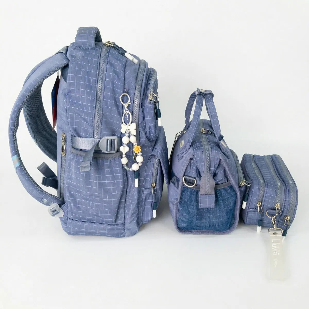 Set 3 Piezas Lluvia Azul Cuadros Mochila Lonchera Lapicera