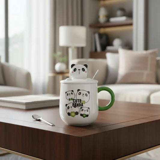 Taza Panda Kawaii Con Tapa Y Agitador Metálico 380ml
