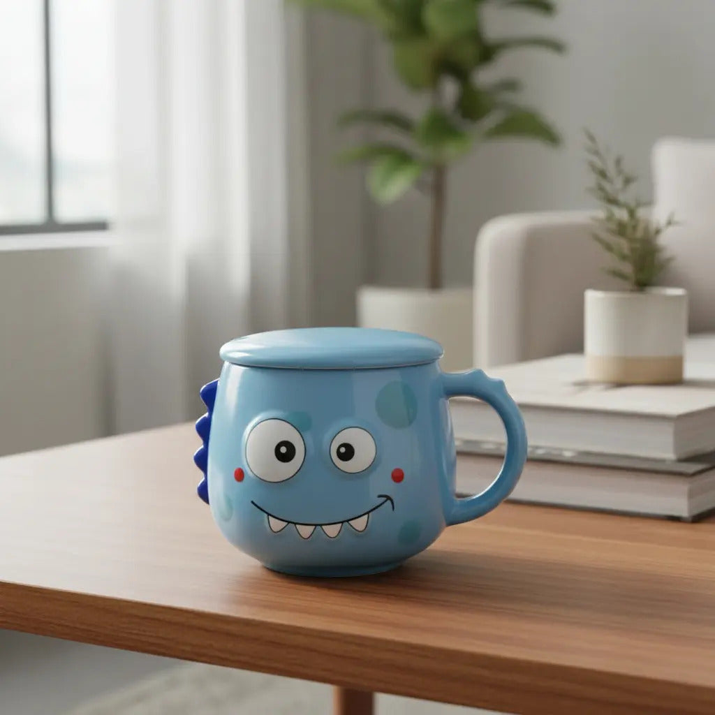 Taza Colorida Kawaii Monstruos Con Tapa Incluida 400 Ml