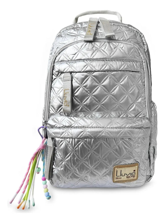 Mochila Juvenil Lluvia Plata Diseño Acolchado de Rombos