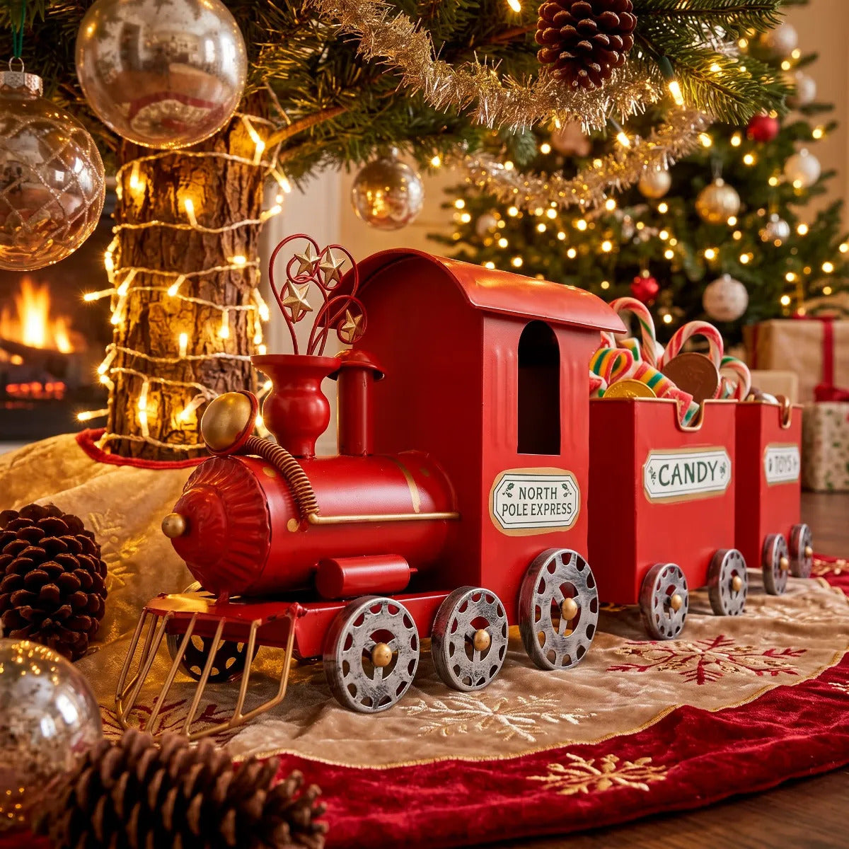 Tren De Navidad lluvia Metálico Rojo Vintage 80 Cm