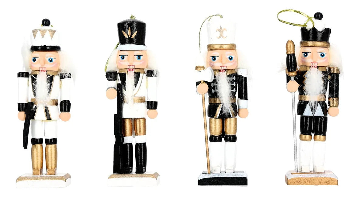 Set 4 Cascanueces Navideños Blanco Negro y Dorado 10 cm