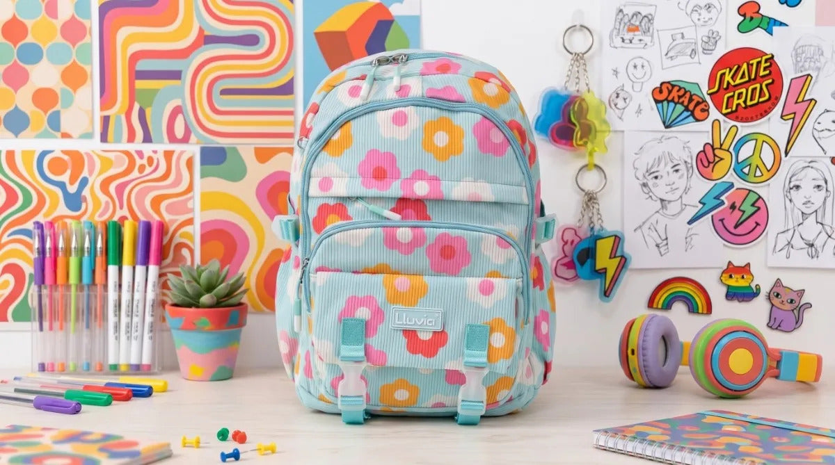 Mochila Juvenil Lluvia Floral Azul Con Compartimento Laptop