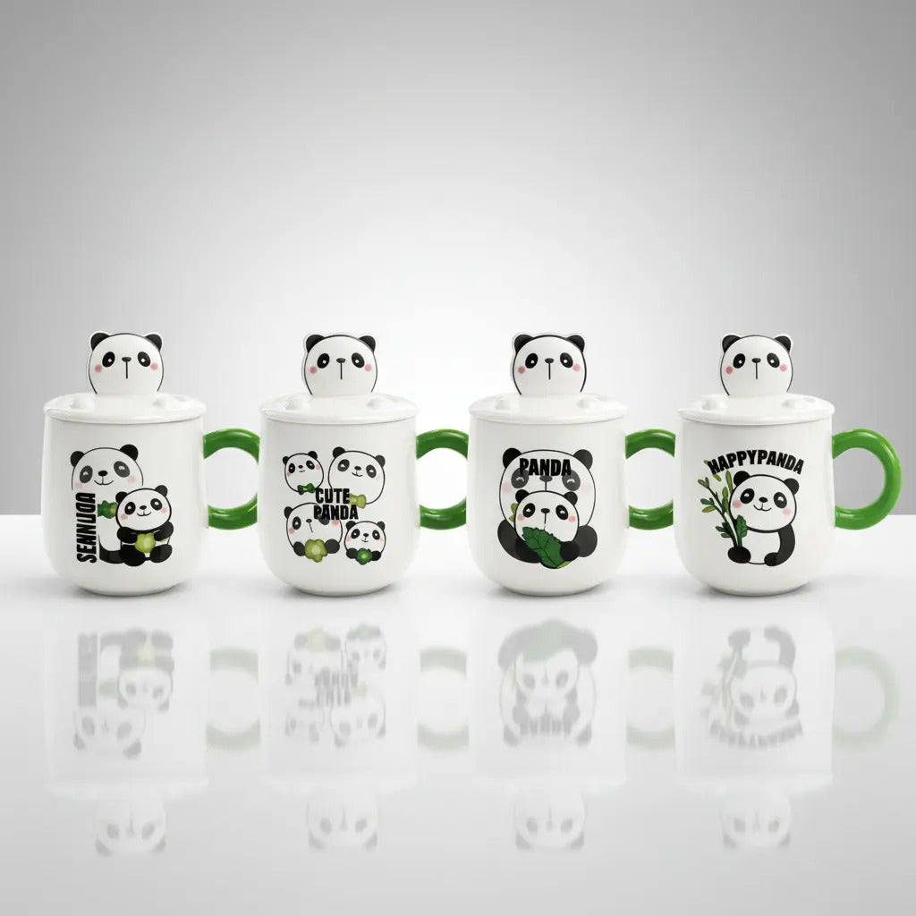 Taza Panda Kawaii Con Tapa Y Agitador Metálico 380ml